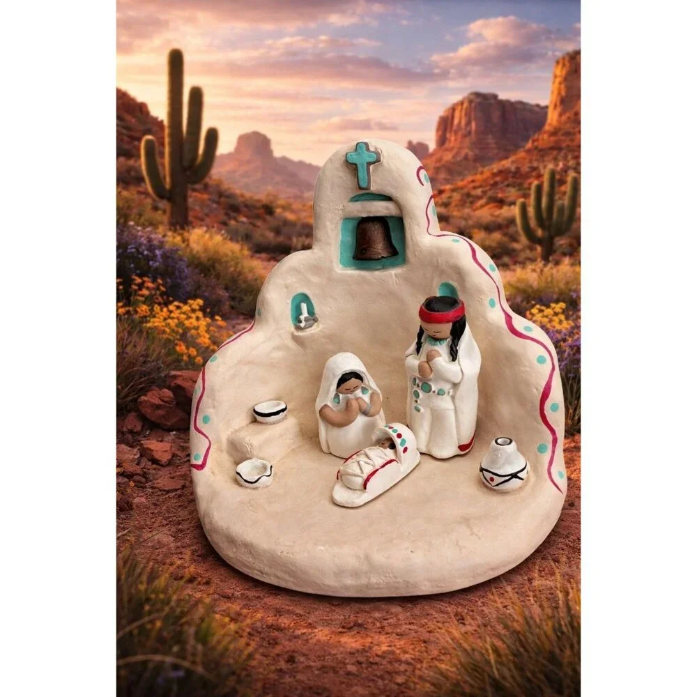 Cleo Teissedre Southwestern Pueblo Nativity Set Adobe Church 1990 Signed 5" - Picture 1 of 10